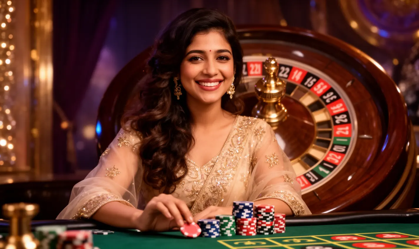 Smiling Bangladeshi woman holding colorful casino chips in front of a roulette wheel showcasing the excitement of 94BD casino bonuses
