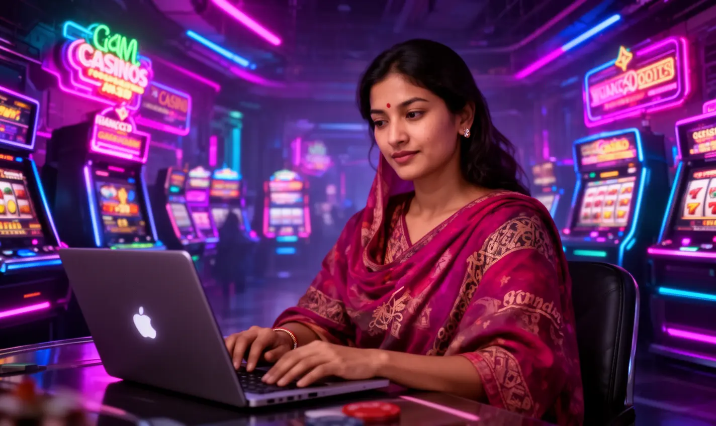 Focused Bangladeshi player enjoying online casino games on a laptop with colorful neon casino signs creating an immersive gaming mood at 94BD