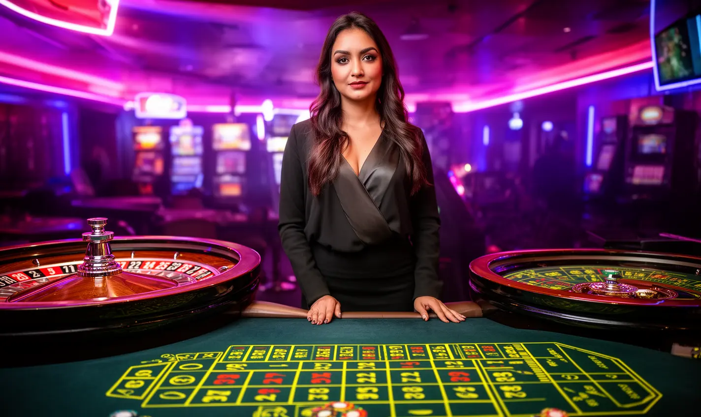 Stylish casino hostess standing in a modern gaming hall with roulette tables and glowing lights representing the premium live casino environment of 94BD in Bangladesh