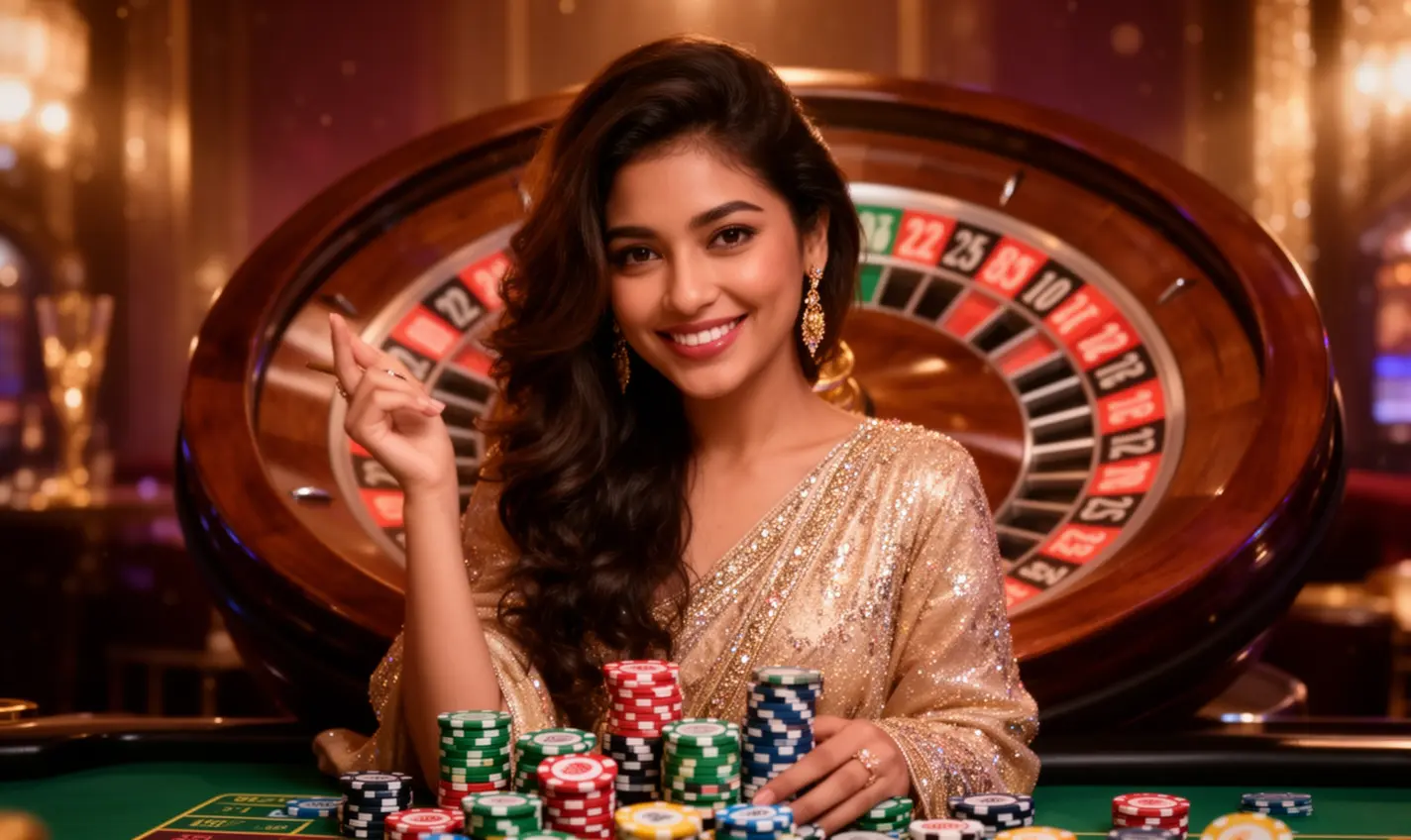 Elegant casino scene with a smiling woman holding poker chips in front of a roulette wheel highlighting the excitement and luxury of 94BD online casino in Bangladesh