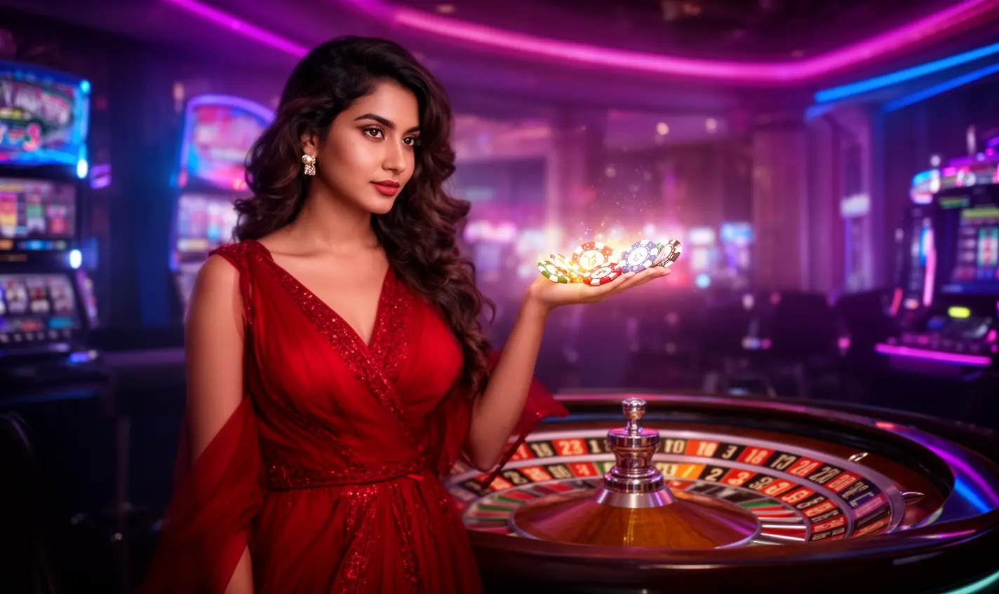 Confident Bangladeshi casino hostess in a glamorous red dress standing by a roulette table with vibrant lights representing the premium gaming environment of 94BD