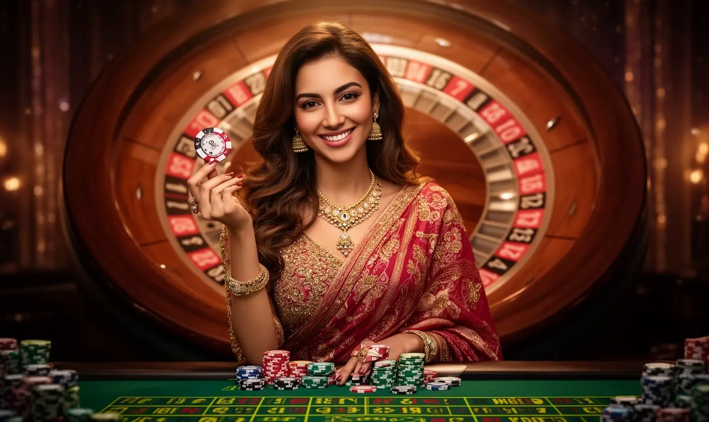 Confident casino woman holding poker chips in front of a roulette wheel showcasing the thrilling live casino atmosphere at 94BD Bangladesh